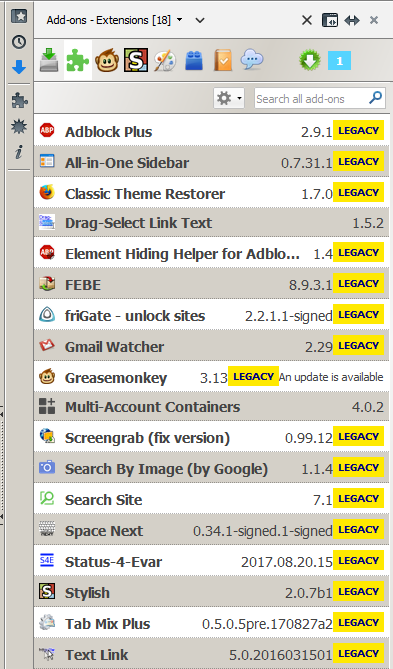Устаревшие расширения в устаревшем сайдбаре